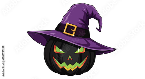 Spooky black pumpkin wearing a purple witch hat with a glowing green face creates a magical and eerie character for halloween holiday celebrations.