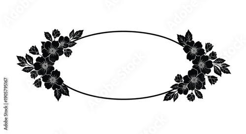 Oval frame decorated with black silhouettes of flowers and leaves offers a classic and elegant border for vintage-themed cards and invitations.