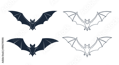 Four different bat illustrations including silhouettes and outlines provide a variety of spooky winged creatures for halloween and gothic themes.