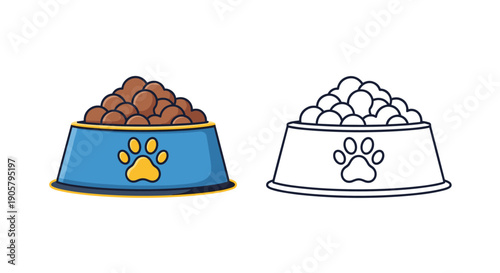 Blue dog food bowl filled with brown kibble is presented in both colored and outline versions for pet care and animal feeding themed graphics.