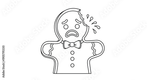 Outline drawing of a sad gingerbread man with a bite taken out of his head provides a humorous and simple illustration for christmas holiday crafts.
