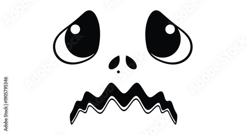 Creepy jack o lantern face with large sad eyes and a jagged wavy mouth isolated on white background for halloween.