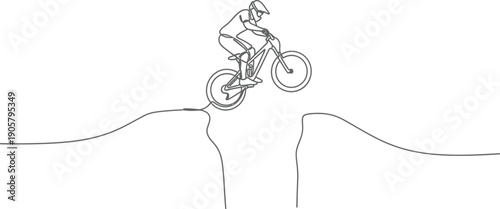 Single line continuous drawing depicts a skilled mountain biker wearing a helmet successfully catching air while jumping a dangerous gap between two inclines