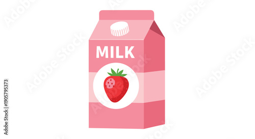 Pink strawberry milk carton with a white circle and a red strawberry illustration isolated on a white background.