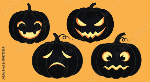 Collection of four black jack o lantern pumpkins with glowing orange faces showing various happy and sad emotions.
