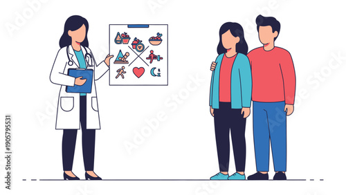 Healthy Consultation: A doctor shares vital information with a couple. This illustrative image speaks to the significance of health, knowledge.