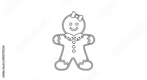 Sweet gingerbread girl illustration is rendered as a black and white line drawing featuring a cute bow and a scalloped collar detail.