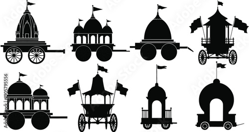 Collection of traditional Indian temple carts with flags on white background