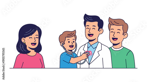 The Doctor and The Family: A heartwarming depiction of a family visit to the doctor's office, fostering a sense of trust and care. A young boy playfully uses a stethoscope on the doctor.