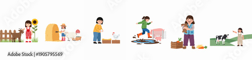Cute set of young girls engaged in various joyful farm activities like feeding animals, collecting eggs, playing in mud, and interacting with livestock.