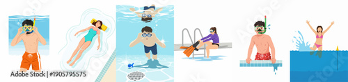 Flat vector illustrations depicting people engaging in summer water activities: swimming, snorkeling, relaxing, and splashing in pools and open water.