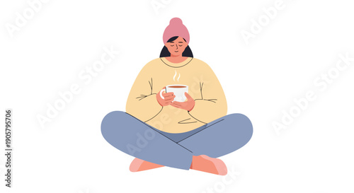 Woman sitting cross legged holding warm beverage in cozy winter clothing isolated on white background calm atmosphere enjoying drink wellness comfort
