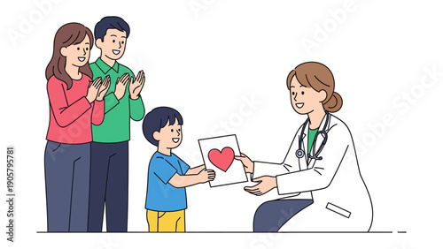 Kindness and Care: A young child joyfully presents a drawing of a heart to a caring doctor, embraced by the loving support of their parents. Symbolizing the heartwarming bond of compassion.