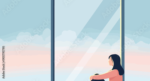 Woman looking out of large modern window at pastel colored sky with clouds during serene sunrise peaceful contemplation serene atmosphere interior
