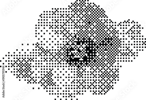 Abstract dithered hibiscus flower head in retro black and white pixelated halftone style for vintage lo-fi graphic design