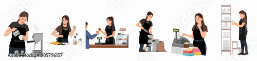 Daily life and routine of a female barista: preparing coffee, serving customers, managing sales, and handling challenges in a modern coffee shop.