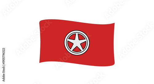 Waving red flag emblazoned with white star insignia symbol of revolution or patriotism