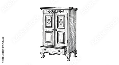 Vintage hand drawn wardrobe illustration detailed sketch style isolated over white background