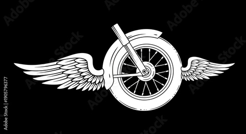 Winged motorbike wheel graphic on black background conveys speed and freedom imagery