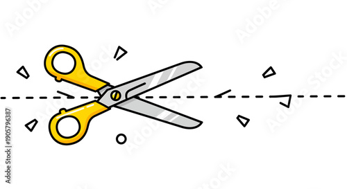 Yellow handled scissors cutting through dotted line vector illustration minimal design