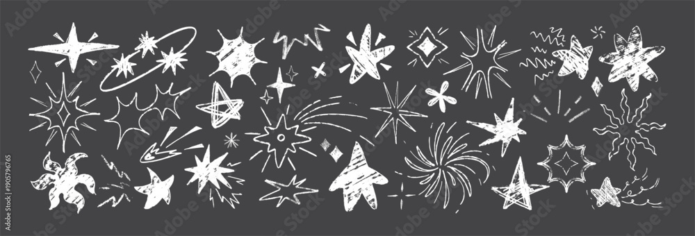 Fototapeta premium Chalk Starburst Overlay Collection with Hand-Drawn Sparkles, Explosions, and Comet Trails in White Texture on Black Background