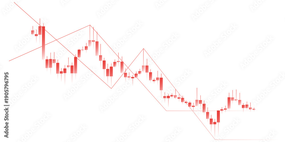 Obraz premium Red bearish candlestick chart showing downward price trend with technical analysis isolated on transparent background