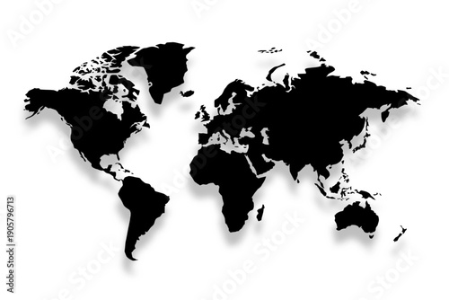 Silhouette World Map Overlay Collection with Black Solid Continents and Subtle Shadow Effect on White Background