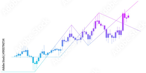 Cyan to purple gradient candlestick trading chart with trend channel and breakout lines isolated on transparent background