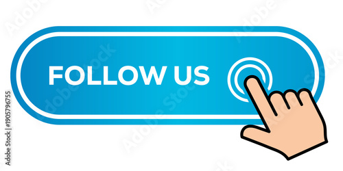 Blue gradient follow us call to action button with hand click cursor for social media interface isolated on transparent background
