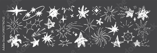 Chalk Starburst Overlay Collection with Hand-Drawn Sparkles, Explosions, and Comet Trails in White Texture on Black Background
