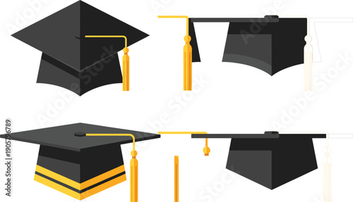 Graduation Cap Icon Set with Mortarboard Hat and Gold Tassel Variations for Education Degree Academic Achievement Vector Illustration