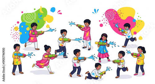 Children playing Holi festival with water guns colorful powder splashes and traditional Indian clothing vibrant celebration concept