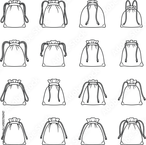 Set of drawstring bag and fabric pouch line icons for eco friendly packaging retail shopping and jewelry storage isolated on white background flat vector illustration.