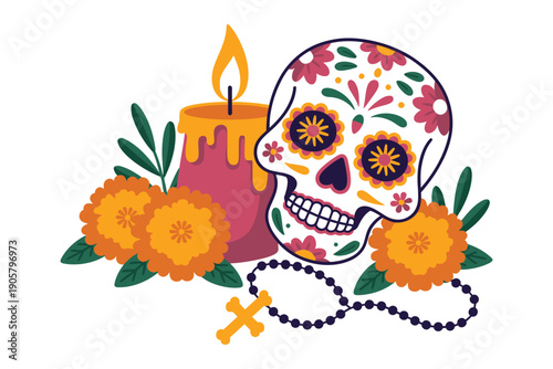 Vibrant sugar skull adorned with flowers and candle for Day of the Dead celebration