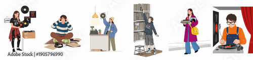 A collection of scenes illustrating the vinyl record culture, including shopping in a record store, listening to music, and playing records.