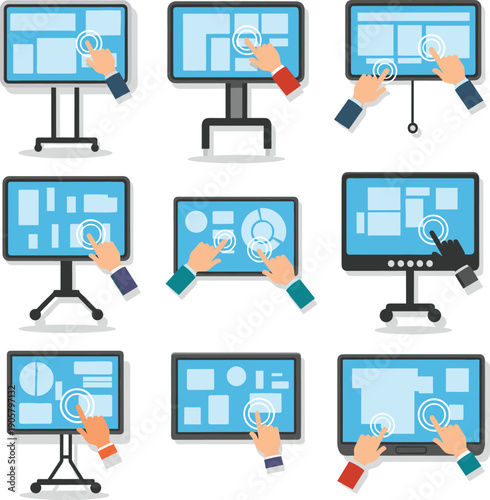 Modern interactive touch screen digital dashboard vector set featuring hands touching charts and data visualization on monitors isolated on white background flat illustration.
