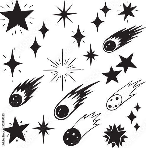 Silhouette of stars and meteors in space black and white illustration