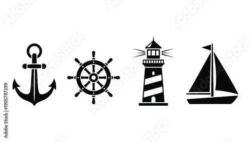 Nautical icons representing various maritime symbols and equipment. Vector