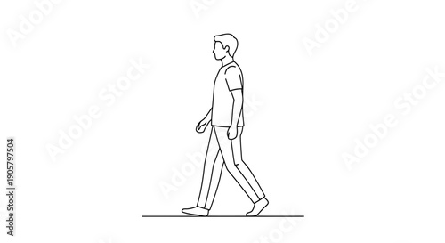 Man In Profile View Moving Forward On White Background With Outline Style And Minimalist Design Representing Motion And Progress