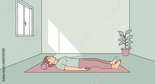 Person resting peacefully on floor mat in sunlit room with open window and plant for relaxation and wellness