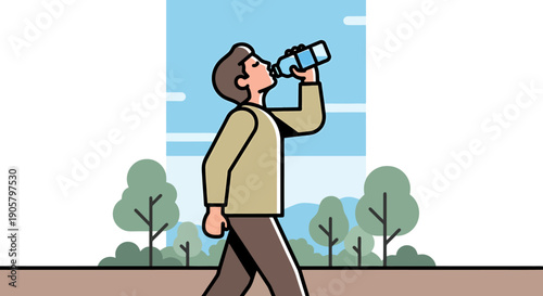 Man Walking Outdoors Drinking Refreshing Water From Plastic Bottle Hydration Healthy Lifestyle Activity Nature Scene Environment Sunny Day Activity