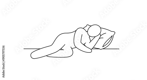 Stylized person figure resting comfortably on plush pillow sleeping peacefully in horizontal position simple line art style isolated on white