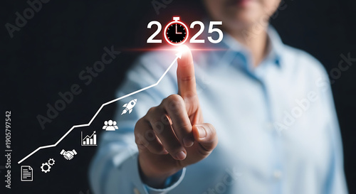 Business Vision for 2025 Person Touching Digital Growth Graph Representing Future Goals, Innovation, and Strategic Planning Towards Success
