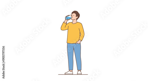 Healthy Young Man Taking Sip of Fresh Water From Glass Indoors Standing Casual Yellow Sweatshirt Blue Jeans White Sneakers