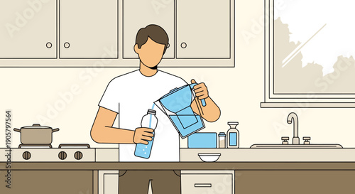 Man Pours Fresh Water From Pitcher Into Reusable Bottle In Modern Kitchen Environment Promoting Healthy Hydration And Daily Routine