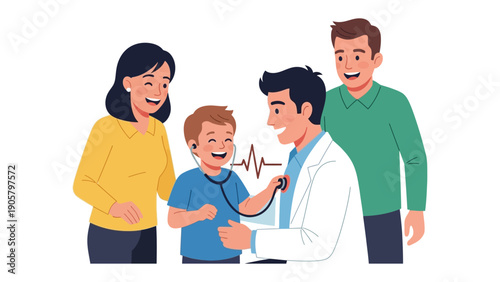 Checking Vital Signs: A cheerful young patient receives a checkup from a friendly physician, with supportive parents standing by, conveying trust, comfort, and assurance.