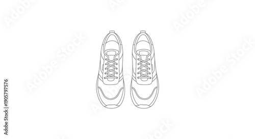 Top Down View Of Laced Sports Footwear Outline On White Background Minimalist Style Athletic Gear For Running And Training