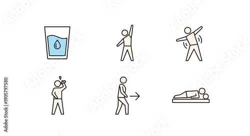 Collection of Human Activity Icons Representing Health Hydration Lifestyle Movement and Rest Well Being Concepts