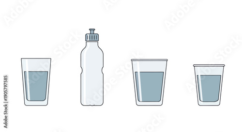 Clear containers holding clear liquid arranged symmetrically for hydration concept representation with a sports bottle