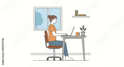Woman working on laptop at desk near window with plants and coffee cup side view clean line art style concept of remote work or study